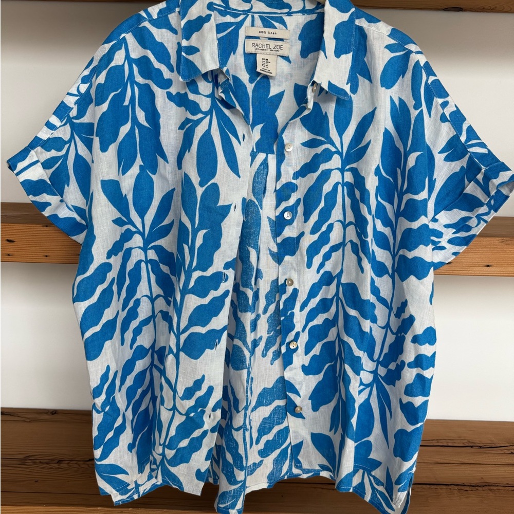 100% linen Tropical Print Short-Sleeve Shirt women’s Blue & White -